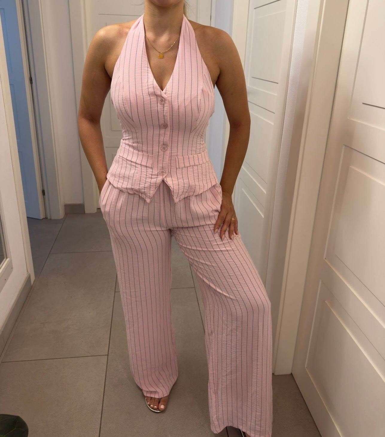 Completo rigato rosa – Top + Pantalone