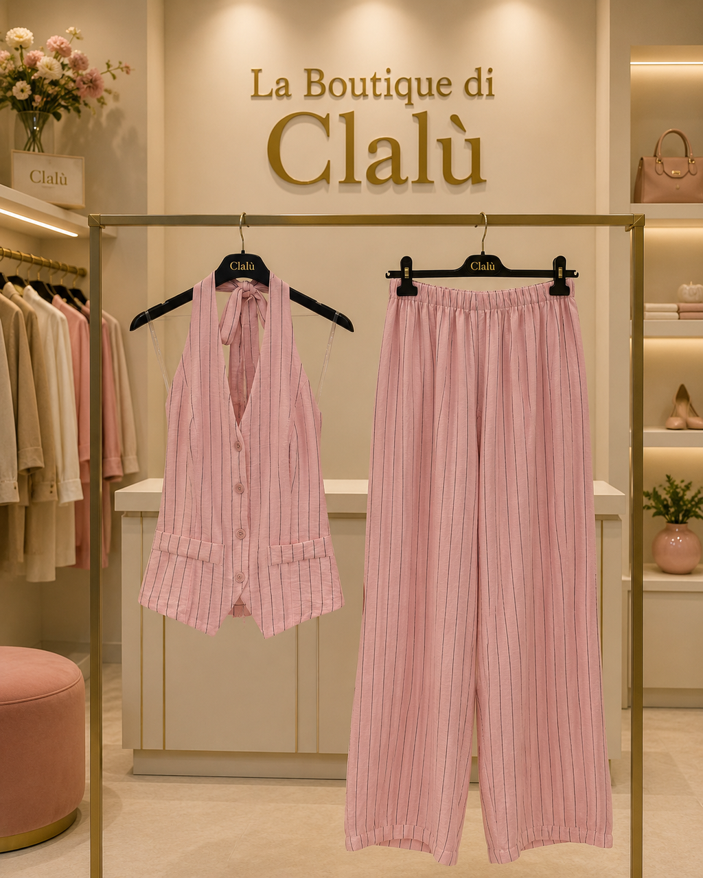 Completo rigato rosa – Top + Pantalone