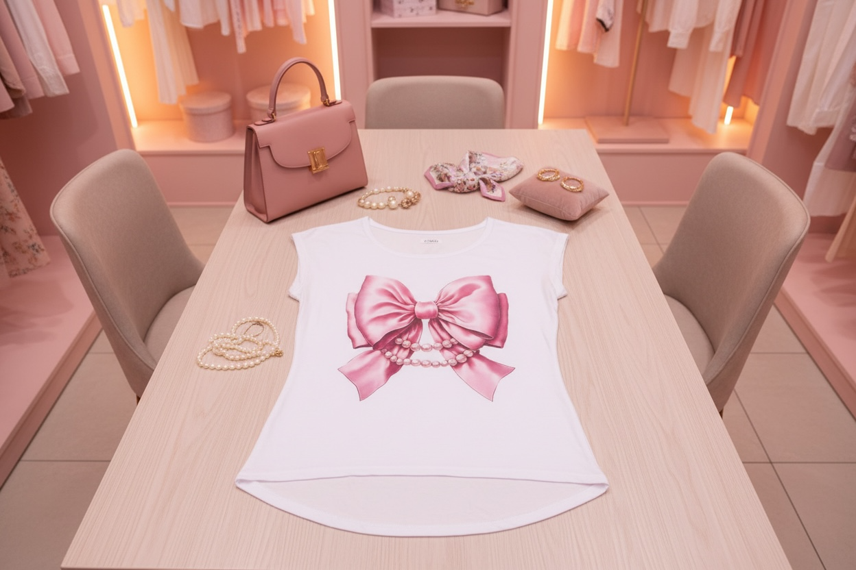 T-shirt con fiocco e perle