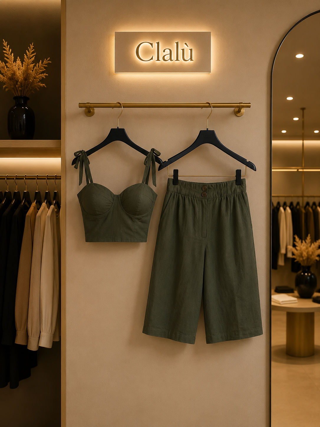 Completo due pezzi in lino misto color verde militare