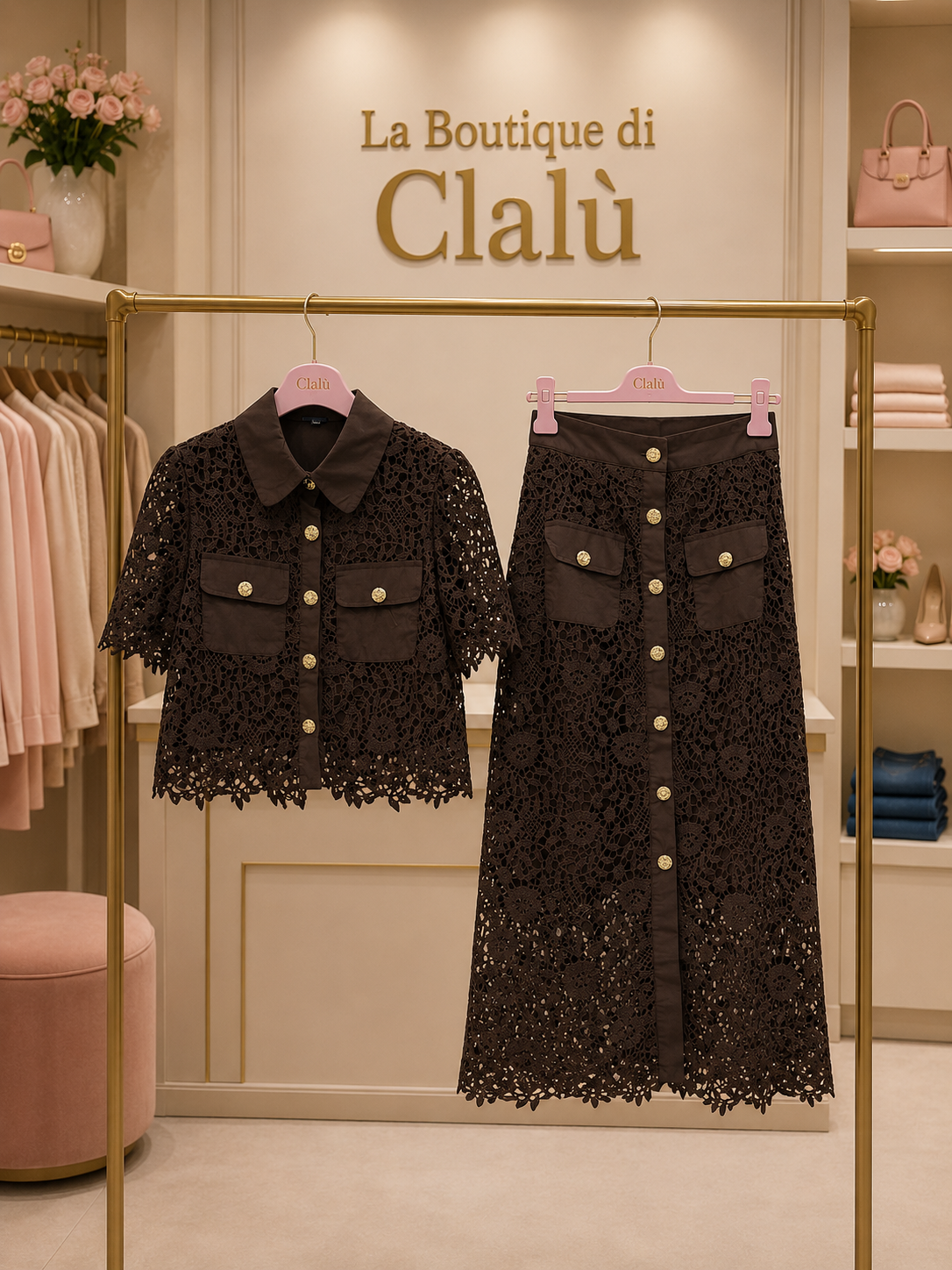 Completo in pizzo color cioccolato