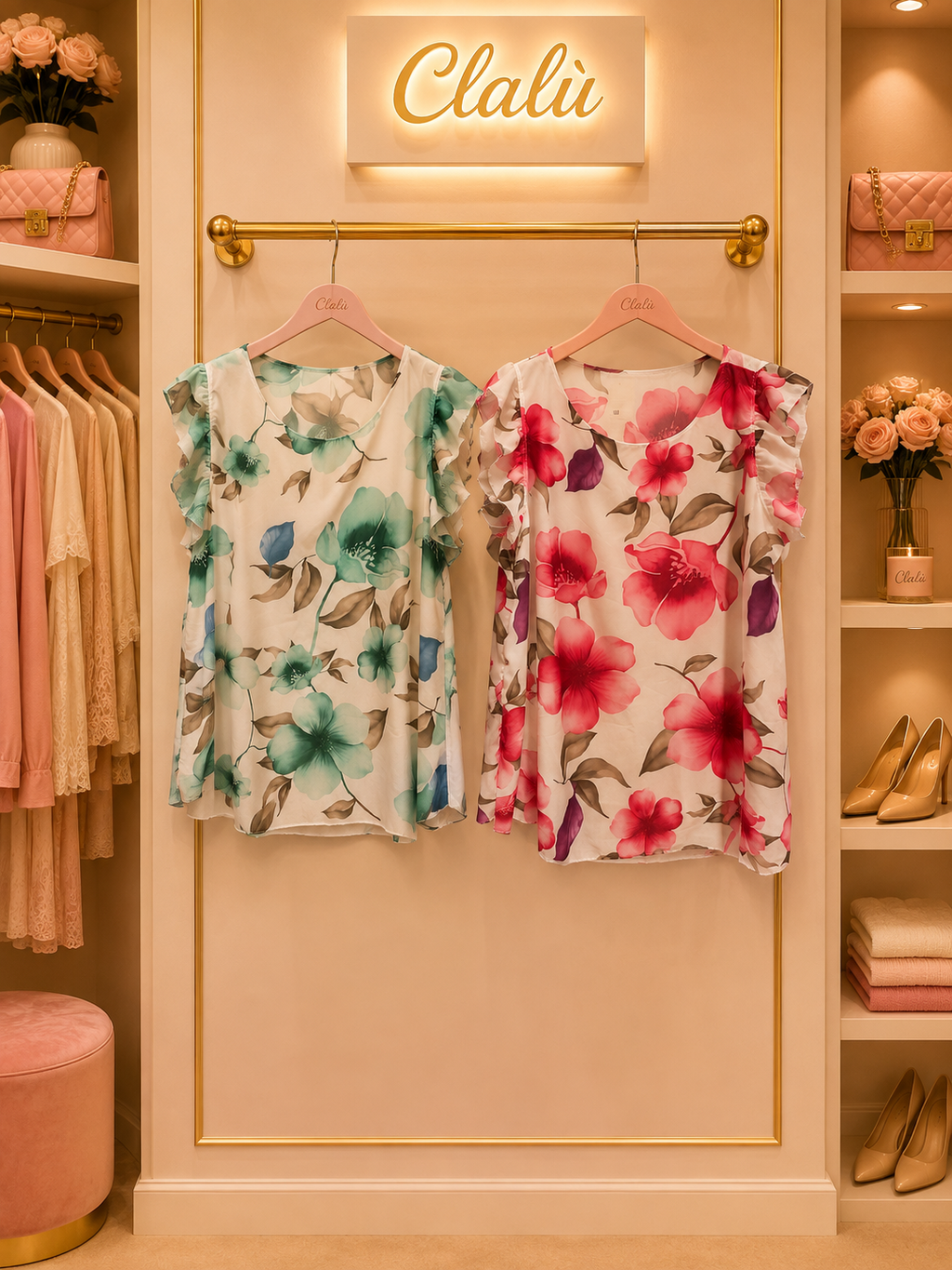 Blusa floreale con volant sulle spalle