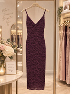Abito midi in pizzo color prugna