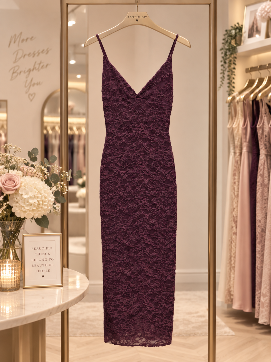 Abito midi in pizzo color prugna